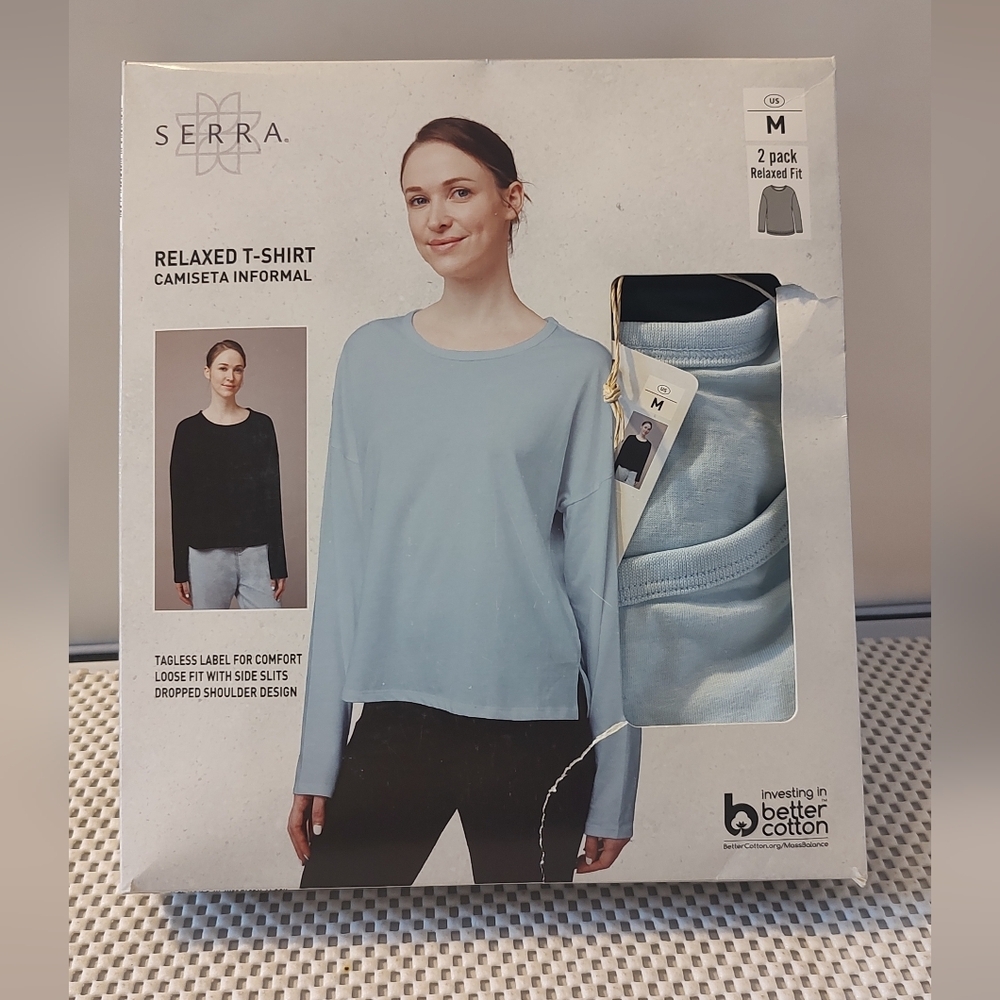 Serra Women's Size Medium 2 Pack Relaxed Fit Long Sleeve T-shirts Blue & Black
